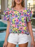Floral Print Puff Short Sleeve Shirt