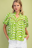 Ruffled Neck Short Puff Sleeve Top