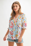 Boho Flower Print Half Puff Sleeve