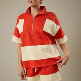 High Neck Half Zip Orange/Cream Shirt