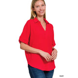 Woven Collared V Neck Top