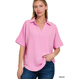 Woven Collared V Neck Top