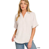 Woven Collared V Neck Top